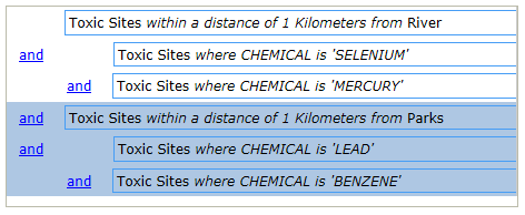 Auswählen der zweiten Gruppe von Attributausdrücken und des räumlichen Ausdrucks, zu dem sie gehört