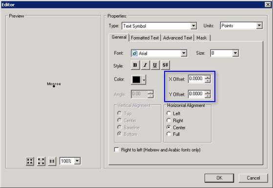 Einstellungen für X- und Y-Versatz in ArcMap