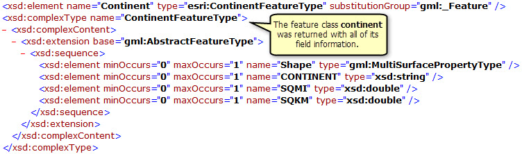 Continent-Feature-Class und die zugehörigen Feldinformationen, die von der gefilterten DescribeFeatureType-Operation zurückgegeben werden